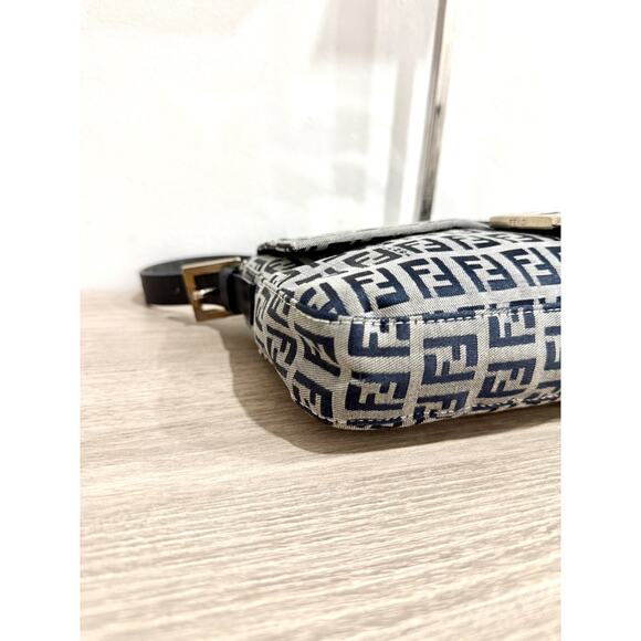 Fendi Zucchino Canvas & Leather Baguette Shoulder Handbag Light Gray/Navy Blue - Picture 12 of 16
